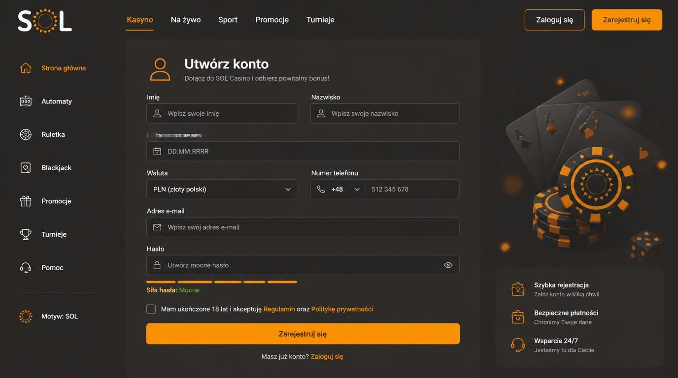  osoba w trakcie wypełniania formularza rejestracyjnego online z Polski, pokazująca wymagane pola i walutę PLN. 