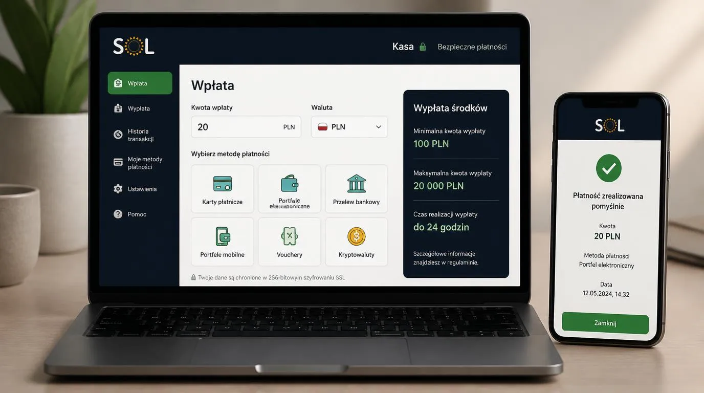 Panel kasy w PLN z polem wpłaty 20 zł, opcjami płatności i zakresem wypłat od 100 do 20 000 zł