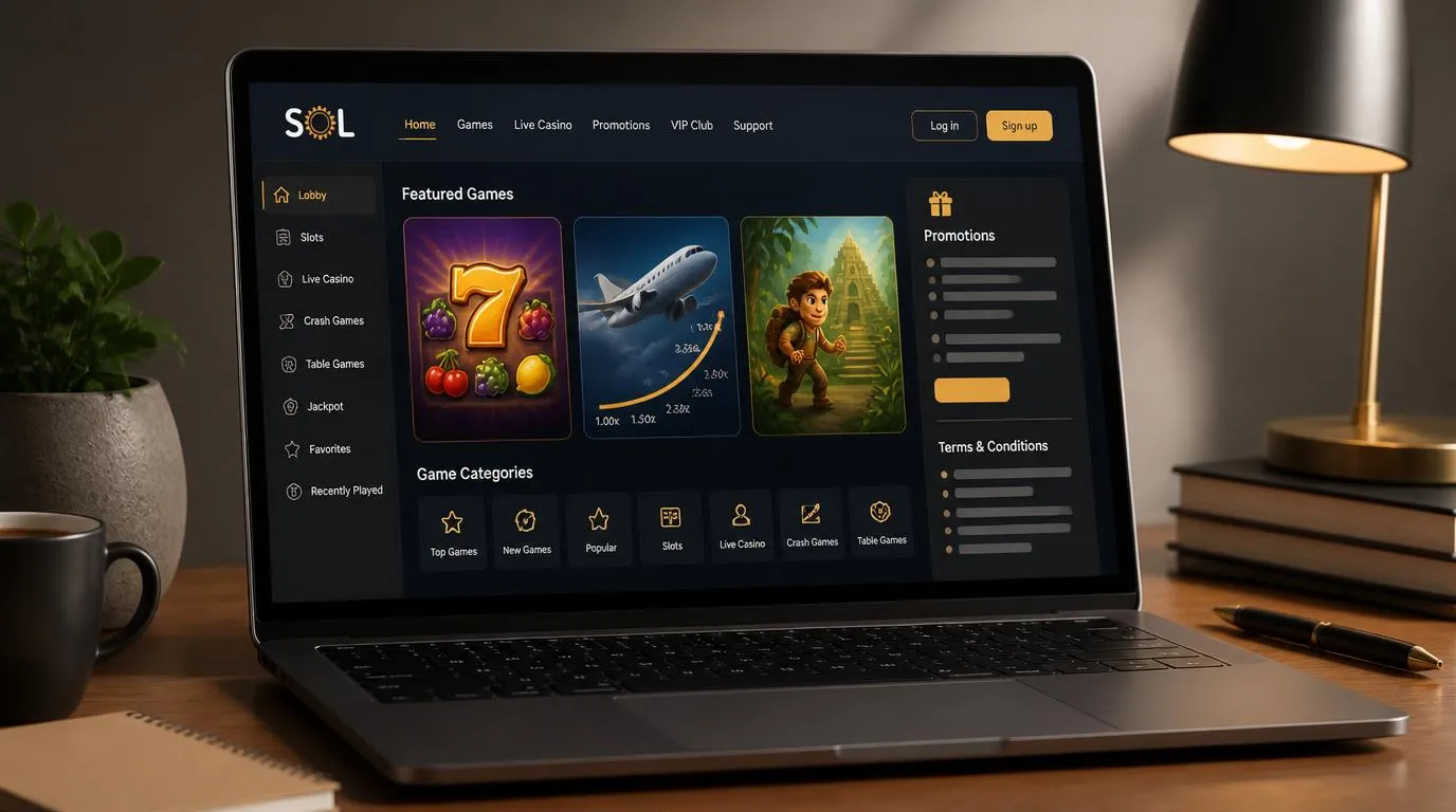 Elegancki interfejs kasyna na laptopie z kafelkami automatów i gry crash oraz panelem warunków promocji