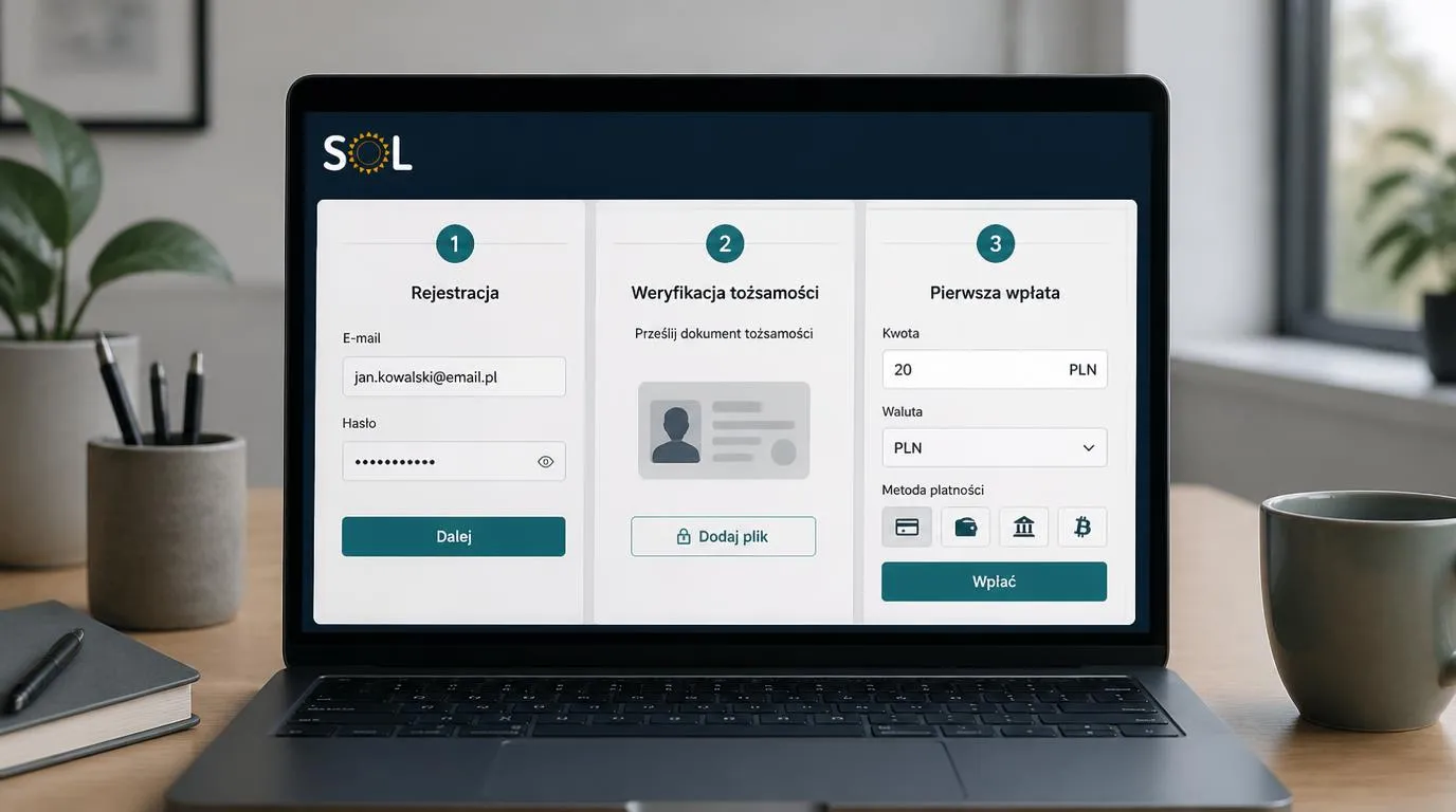 Panel konta z formularzem rejestracji, przesyłaniem dokumentu tożsamości i wpłatą 20 PLN